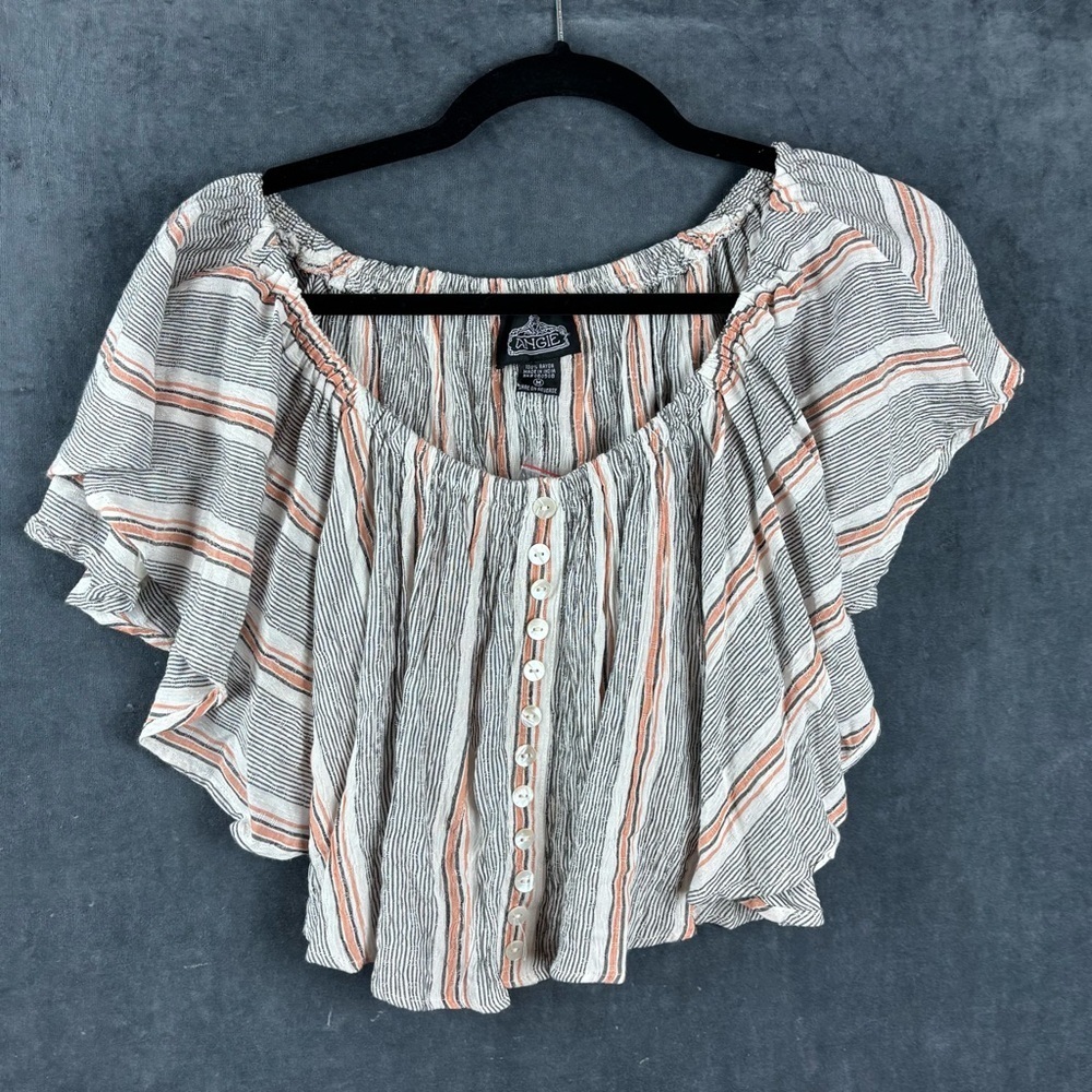 Angie Black, White, and Orange Striped Ruffle Cropped Button up Blouse Sz Medium